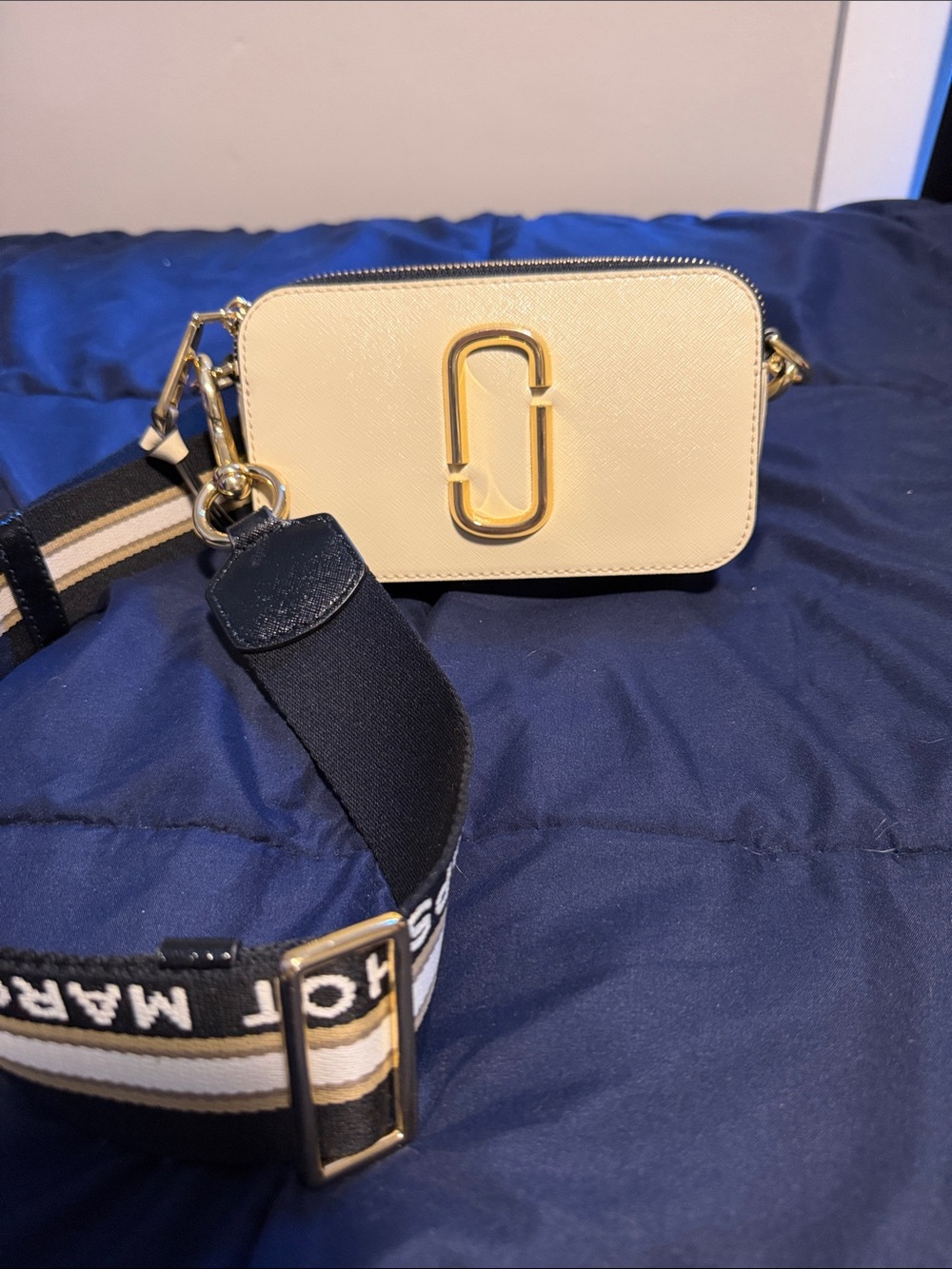 Marc Jacobs Cream Camera Crossbody with Gold Logo and Striped Strap